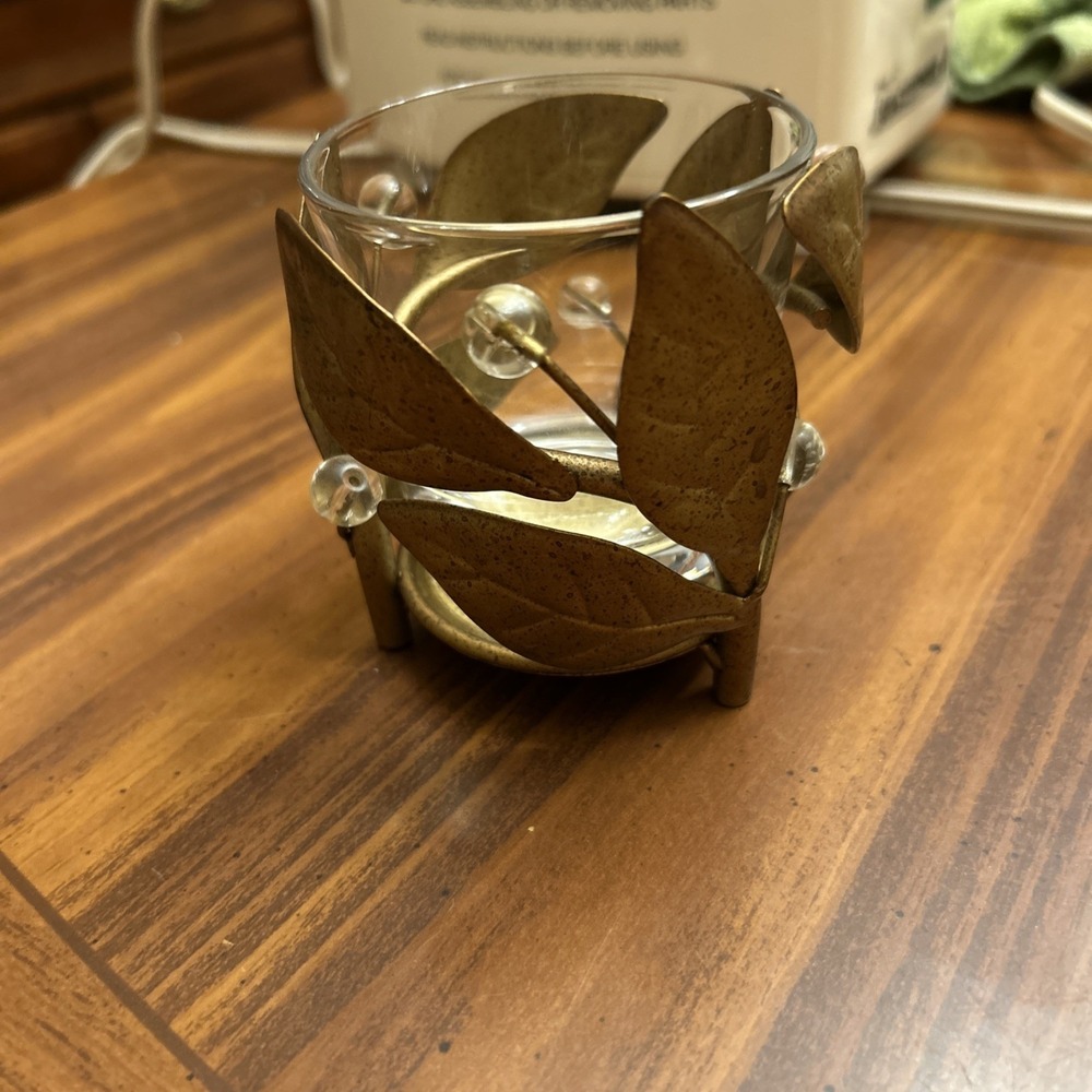 Vintage 90's White Barn Candle Company Votive Holder Bronze Color Leaves